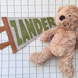 Peut inclure: Un ours en peluche brun clair &agrave; c&ocirc;t&eacute; d'une banni&egrave;re en feutre. La banni&egrave;re grise porte le nom "LANDER" en lettres vertes. La banni&egrave;re a une bordure et des glands marron. L'ours a un nez noir et est sur une surface &agrave; carreaux blancs et bleus.