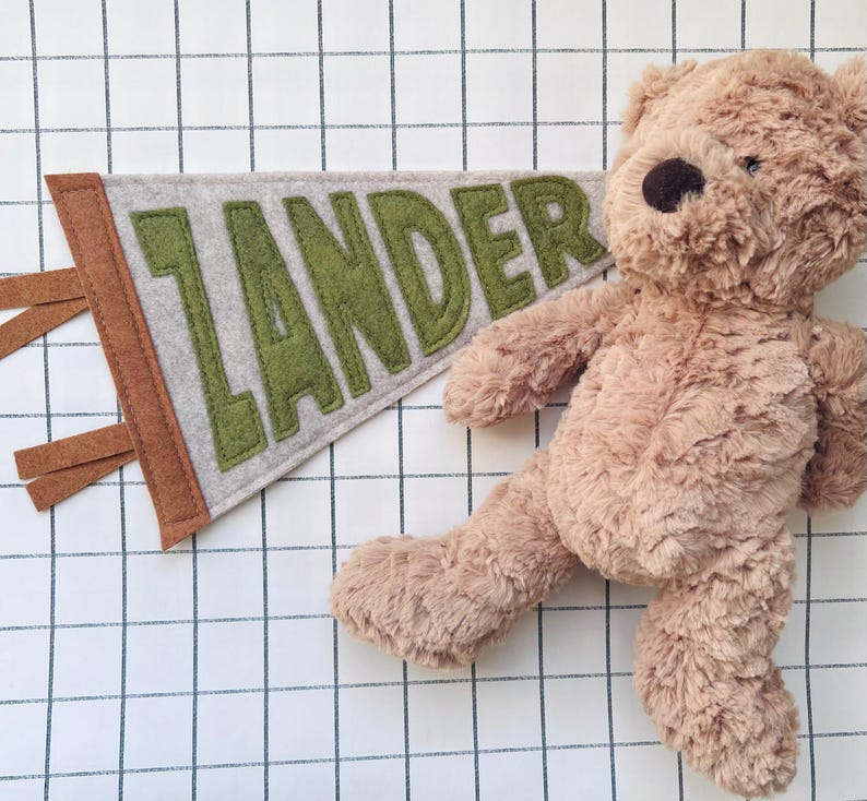 Peut inclure: Un ours en peluche brun clair &agrave; c&ocirc;t&eacute; d'une banni&egrave;re en feutre. La banni&egrave;re grise porte le nom "LANDER" en lettres vertes. La banni&egrave;re a une bordure et des glands marron. L'ours a un nez noir et est sur une surface &agrave; carreaux blancs et bleus.