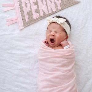 Peut inclure: Un nouveau-n&eacute; envelopp&eacute; dans une couverture rose tendre, b&acirc;illant. Un bandeau avec un n&oelig;ud de couleur cr&egrave;me orne la t&ecirc;te du b&eacute;b&eacute;. Une banni&egrave;re en feutre avec le nom "PENNY" en lettres roses est au-dessus du b&eacute;b&eacute;.
