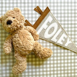 Peut inclure: Un ours en peluche brun clair avec un nez brun fonc&eacute; et une banni&egrave;re grise avec le nom "FOLEY" en lettres blanches. La banni&egrave;re a une bordure marron et est de forme triangulaire. Sur un fond &agrave; carreaux.
