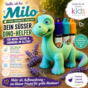 Könnte beinhalten: Ein hellgrüner Dinosaurier-Halter mit drei zylindrischen Öffnungen, in denen kleine Fläschchen mit violetten, türkisen und orangen Verschlüssen stecken. Der Text auf dem Bild enthält "Hallo, ich bin Milo", "DEIN SÜSSER DINO-HELFER" und "dōTERRA kids COLLECTION".