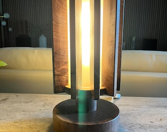 Solid Hardwood Slat Table Lamp – Sculptural Modern Rustic Bedside Light