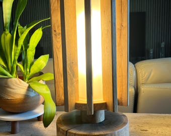Modern White Oak Slat Table Lamp | Geometric Log Base Ambient Mood Light