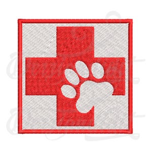 May include: Red square with a white paw print inside a red cross.