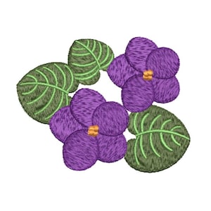 May include: Purple and green embroidered design of a cluster of violets with leaves.