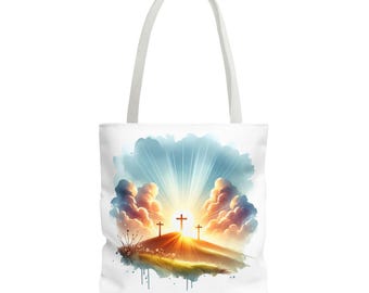 Religious Tote Bag, Christian Crosses Sunrise Scene, Serene Hillside Design, Gift for Faithful, Inspirational Carryall, Christian Easter