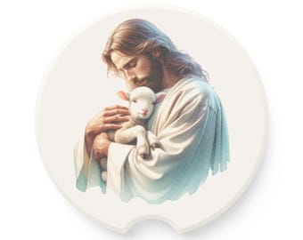Jesus Lamb Car Coaster: Soapstone Christian Car Decor
