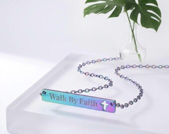 Walk By Faith cutout cross bar Necklace (Personalizable)