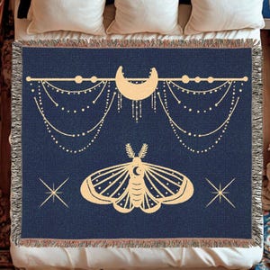 Celestial Woven Blanket With Moth and Moon Phases Design, Mystical Boho Throw in 3 Sizes for Bed Couch or Wall Tapestry Decor