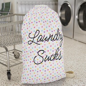 Laundry Sucks Bag | Funny Double Sided Dirty Clothes Bag for College Dorms | Cute Pastel Heart Design Gen Z Humor, Aesthetic, Gift