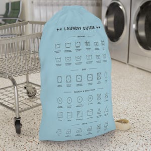 Laundry Symbols Guide Bag | Double Sided Laundry Bag with Washing Drying Ironing Icons | College Dorm or Apartment Clothes Tote