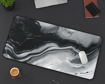 Alfombrilla de escritorio grande de mármol blanco y negro para ratón, ideal para oficina o juegos / Alfombrilla de escritorio moderna con diseño en espiral para teclado y decoración de PC