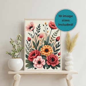 Boho Floral Wall Art Printable with Red Pink Yellow Flowers, Digital Botanical Poster Download for Modern Living Room Home Decor