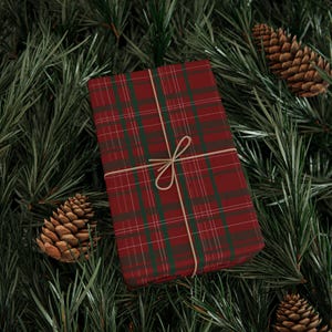 Burgundy Plaid Wrapping Paper | Deep Red Traditional Christmas Gift Wrap | Rustic Winter Cabin Decor | 3 Sizes | Matte or Glossy Finish