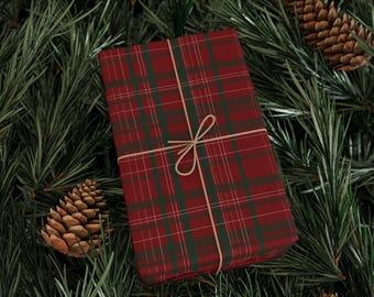 Burgundy Plaid Wrapping Paper | Deep Red Traditional Christmas Gift Wrap | Rustic Winter Cabin Decor | 3 Sizes | Matte or Glossy Finish