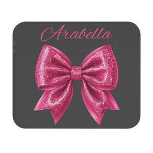 Personalized Pink Glitter Bow Mouse Pad with Custom Name, Cute Coquette Desk Accessory for Girls, Stylish Gift for Her, Office Decor Teens
