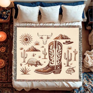 Western Woven Blanket with Cowboy Boot and Desert Cactus Design | Rustic Southwestern Throw in 3 Sizes with Colorful Fringe for Home Decor