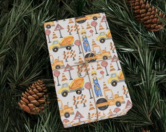 Construction Wrapping Paper | Watercolor Trucks Gift Wrap | Kids Birthday or Holiday | Cute Builder Theme | 3 Sizes | Matte or Glossy
