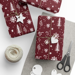 Burgundy Christmas Wrapping Paper with Trees and Snowflakes, Matte or Glossy Custom Gift Wrap Roll, Winter Holiday Paper in 3 Sizes