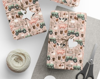 Papel de embrulho para fazenda rosa | Papel de embrulho para presente com animais do campo, trator e celeiro | Lindo papel rústico para aniversário ou feriado | 3 tamanhos | Fosco ou brilhante