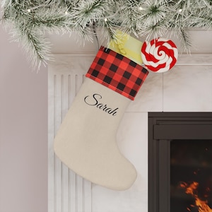 Personalized Christmas Stocking with Name | Custom Linen Holiday Stocking Red or Black Buffalo Plaid Cuff | Rustic Farmhouse Fireplace Decor