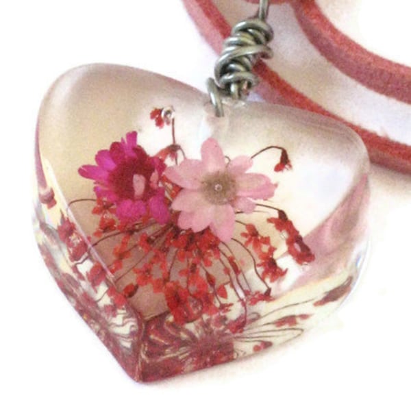 Pink Wildflower Heart Pendant Necklace