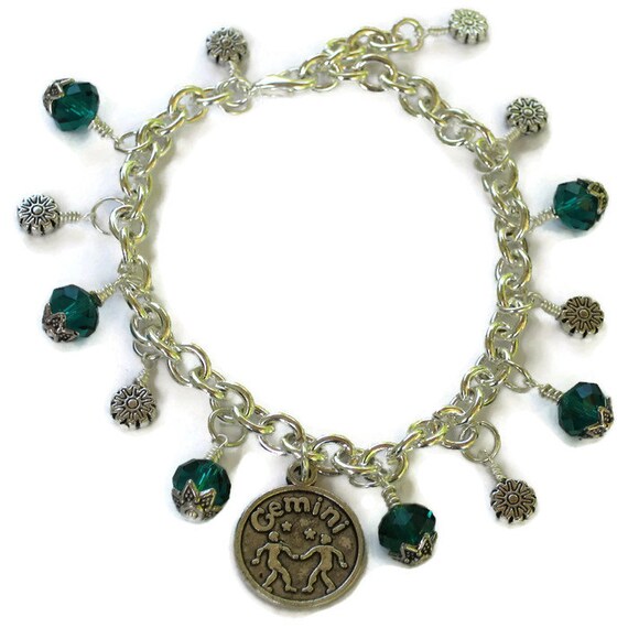 GiftJewelryShop Gemini Zodiac Charm Emerald Green Crystal May Birthstone Red Santa Hat Charm Bracelets
