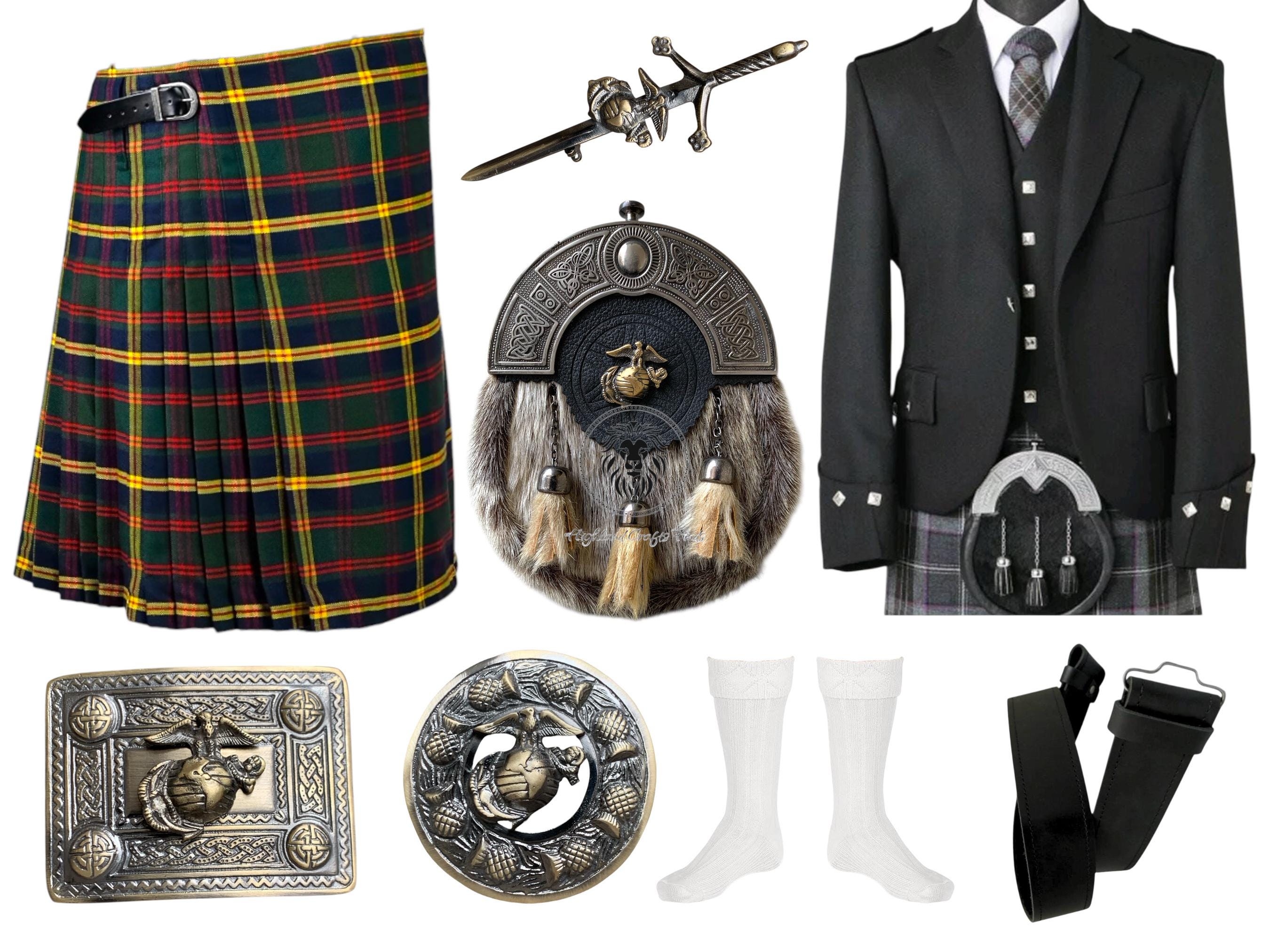 Men's 9 Pieces Kilt Set Argyle Jacket Kilt Set Antique United States Marine Corps Kilt Set Available in 50+ Clan Tartans | Highland Wedding
