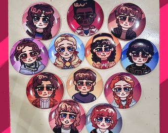 strange thing 5 buttonback pins | mike wheeler, will byers, steve harrington, max mayfield, and more!
