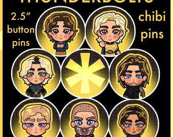 Thunderbolts Chibi Pins |  2.5’’ Buttonback Pins, Yelena Belova, Bucky Barnes, Ava Starr, John Walker, Red Guardian, Sentry, Bob Reynolds
