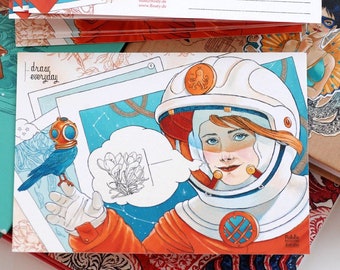 Retro und Steampunk illustrierte Postkarte: Astronautin