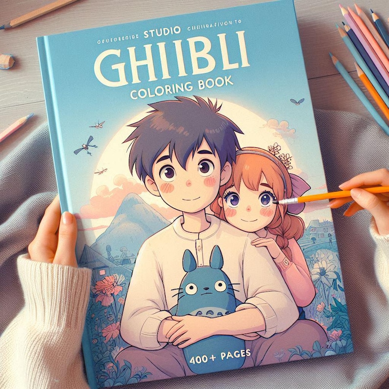 May include: A blue colouring book with a cover featuring a cartoon couple and a Totoro character. The book is titled "Studio Ghibli Colouring Book" and has over 400 pages.