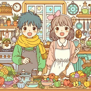 May include: A cartoon illustration of two people cooking in a kitchen. The woman is wearing a pink dress and a white apron and is holding a wooden spoon. The man is wearing a green shirt, a yellow scarf, and a brown apron. They are surrounded by various kitchen utensils, food, and ingredients.