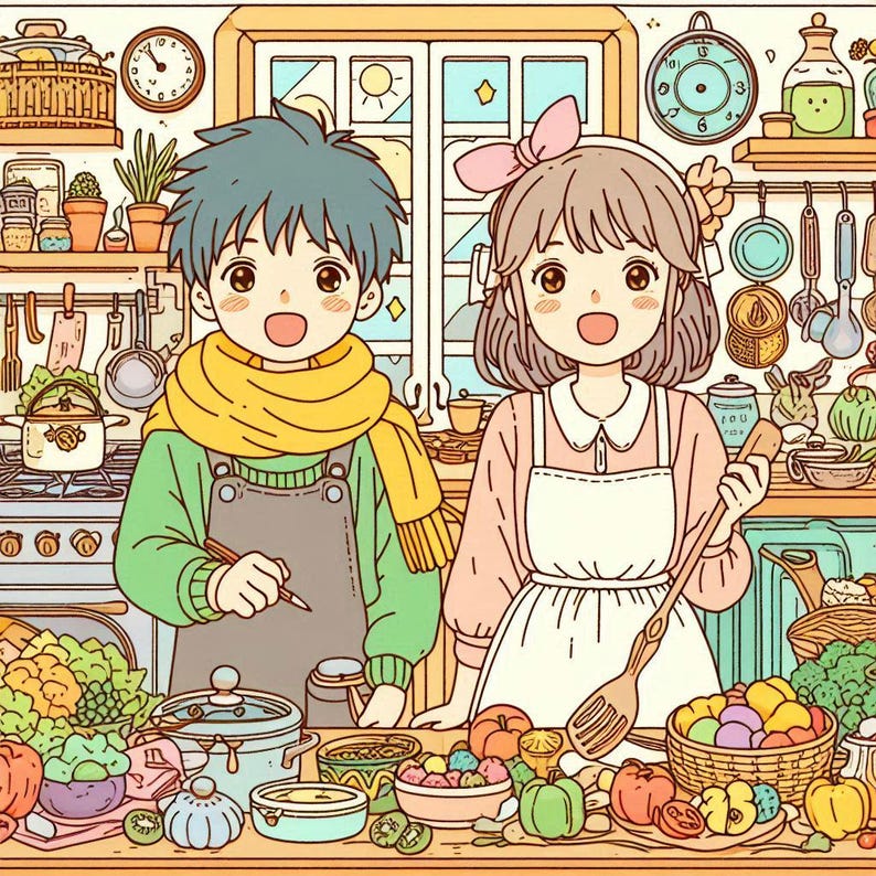 May include: A cartoon illustration of two people cooking in a kitchen. The woman is wearing a pink dress and a white apron and is holding a wooden spoon. The man is wearing a green shirt, a yellow scarf, and a brown apron. They are surrounded by various kitchen utensils, food, and ingredients.