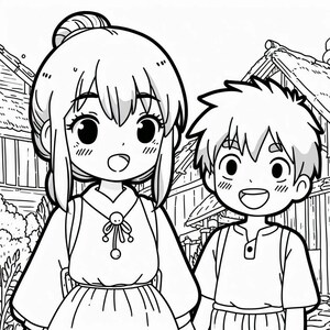 May include: Black and white line drawing of two anime characters, a girl with long hair and a boy with short hair, standing in front of a traditional Japanese house.