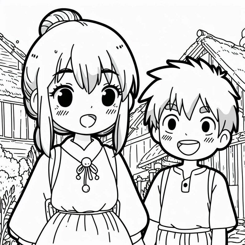 May include: Black and white line drawing of two anime characters, a girl with long hair and a boy with short hair, standing in front of a traditional Japanese house.