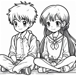 May include: Black and white line drawing of a boy and girl sitting side by side. The boy is wearing a collared shirt and a backpack. The girl is wearing a sailor uniform with a bow tie. They are both looking at the viewer.