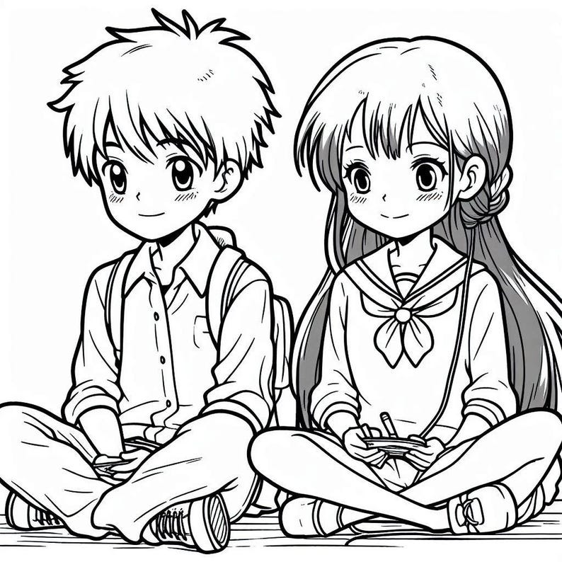 May include: Black and white line drawing of a boy and girl sitting side by side. The boy is wearing a collared shirt and a backpack. The girl is wearing a sailor uniform with a bow tie. They are both looking at the viewer.