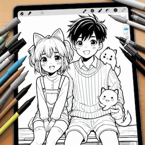 May include: Black and white line art illustration of a young couple with two cats. The girl has short hair and is wearing a dress with overalls. The boy has short hair and is wearing a striped jumper and shorts. The cats are sitting on their laps.