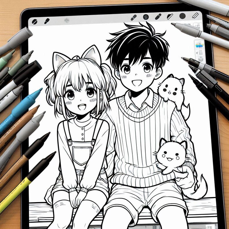 May include: Black and white line art illustration of a young couple with two cats. The girl has short hair and is wearing a dress with overalls. The boy has short hair and is wearing a striped jumper and shorts. The cats are sitting on their laps.