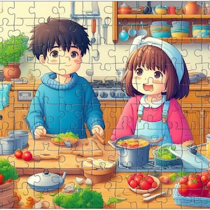 May include: Two children, one with blue hair and a blue shirt, the other with brown hair and a pink shirt, are cooking in a kitchen. They are standing at a wooden counter with a variety of ingredients and cooking utensils. The kitchen is decorated with a puzzle-like pattern.