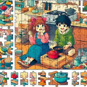 May include: A colourful jigsaw puzzle depicting two children cooking in a kitchen. The girl has brown hair and is wearing a pink and blue dress. The boy has brown hair and is wearing a green shirt. The puzzle pieces are arranged in a grid pattern.