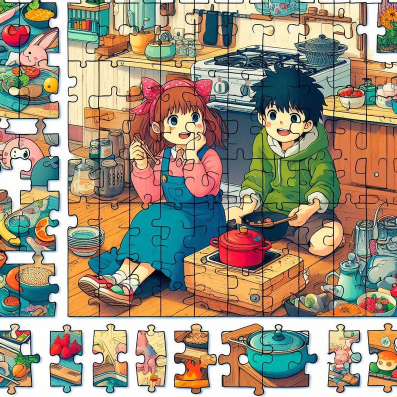 May include: A colourful jigsaw puzzle depicting two children cooking in a kitchen. The girl has brown hair and is wearing a pink and blue dress. The boy has brown hair and is wearing a green shirt. The puzzle pieces are arranged in a grid pattern.