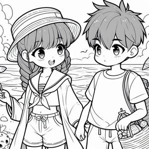 May include: Black and white line drawing of two anime characters, a girl with a sailor collar shirt and a boy with a t-shirt, standing on a beach.