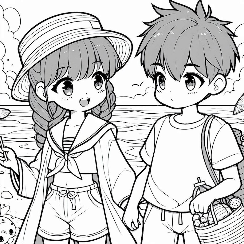 May include: Black and white line drawing of two anime characters, a girl with a sailor collar shirt and a boy with a t-shirt, standing on a beach.