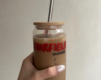 Personalized College/Sports Drinking Glass, College Logo With Name, Custom GlassTumbler, Iced CoffeeCup, Custom College/ Alumni Student Gift