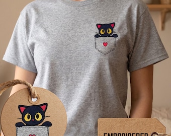 Cat Heart Pocket T-Shirt | Cute Embroidered Tee | Funny Cat Graphic Shirt | Adorable Gift for Him or Her | Meow