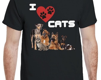 May include: Black t-shirt with the text "I ❤️ CATS" in white and a red heart with paw prints. The graphic features images of various dog breeds.