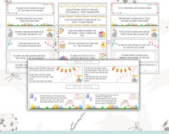 May include: A set of 72 printable Easter egg hunt clues featuring a bunny rabbit illustration. The clues are organized into categories: First Clues, Final Clues, and Indoor and Outdoor Clues. The clues are designed to be used for an Easter egg hunt.