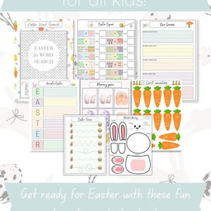 May include: A set of 53 printable Easter activity sheets for kids. The sheets feature a variety of activities, including word searches, math problems, tracing, and building a bunny. The sheets are decorated with Easter-themed illustrations, such as bunnies, eggs, and carrots.